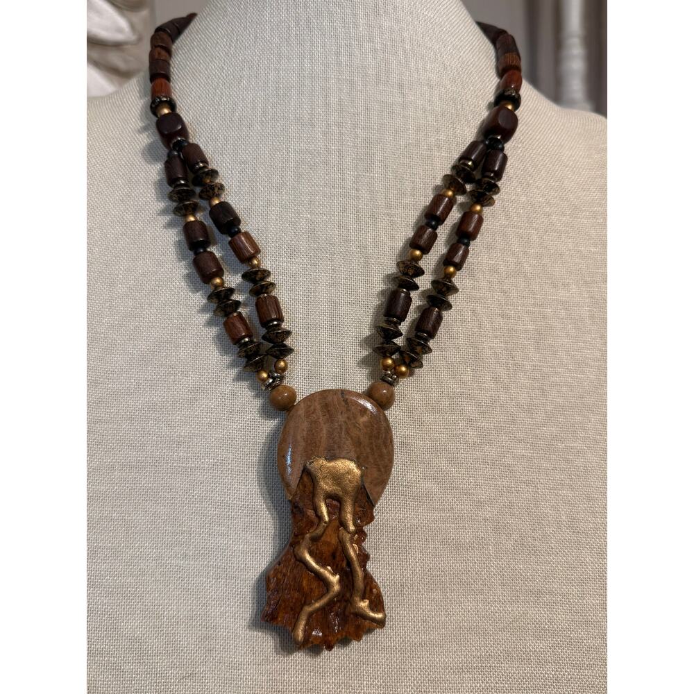 Vintage Carved Wood Tribal Pendant Necklace 20” Boho